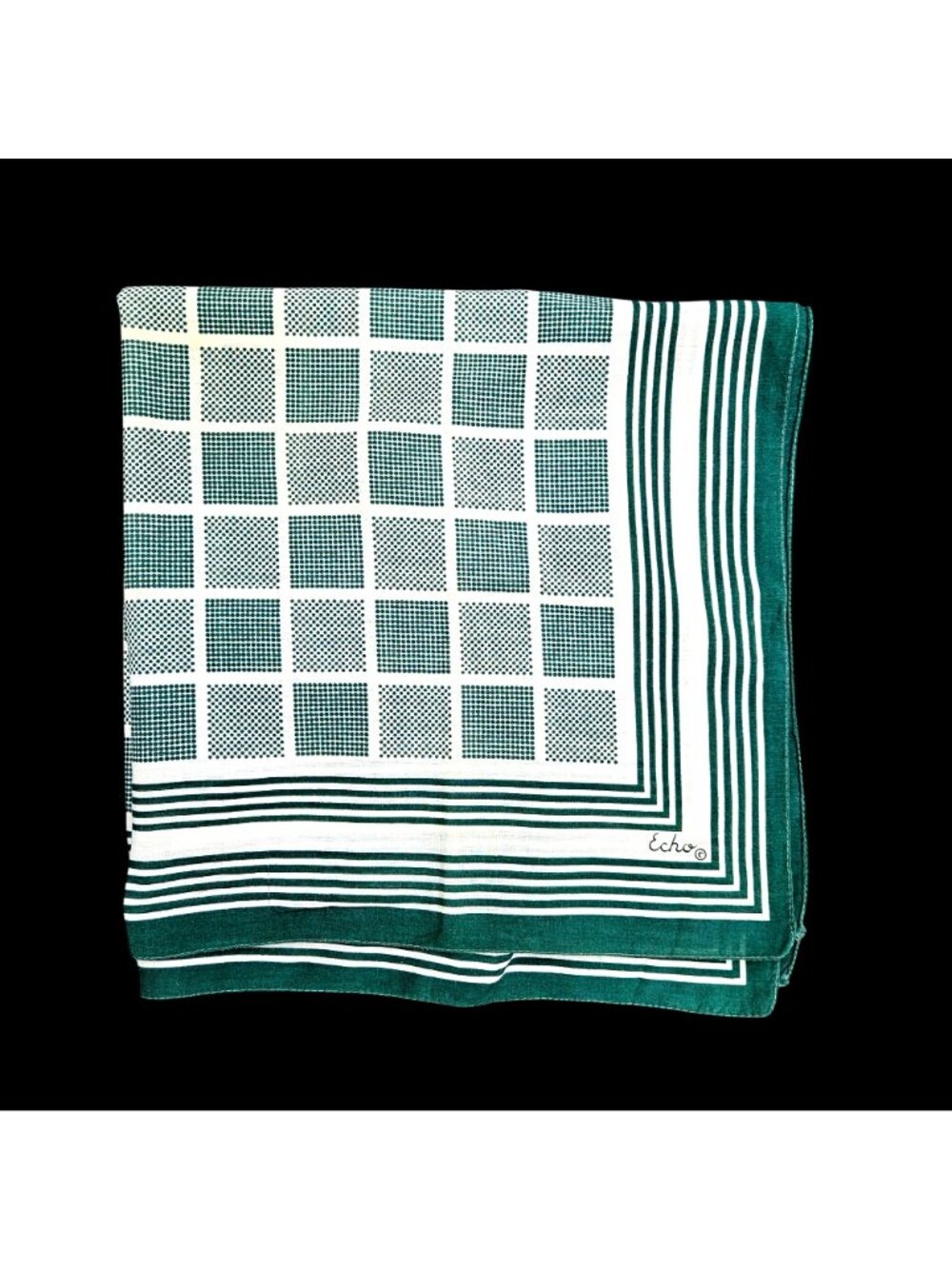 Vintage Echo Green White Stripe Grid Cotton Square Scarf 25x26 - Picture 3 of 9